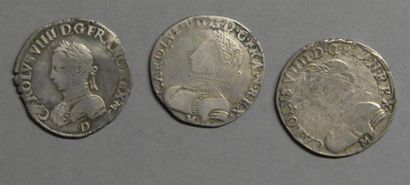 Monnaies - Médailles - Sceaux Charles IX : 3 testons 1562 D, 1665 M, 1566 M, net...
