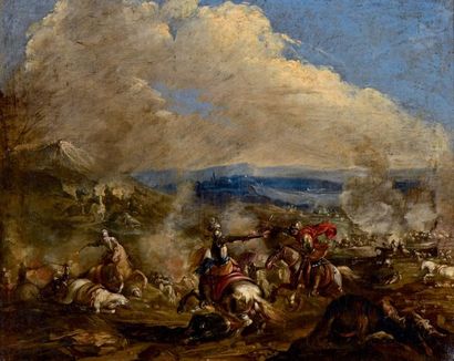 Attribué à Antonio CALZA (1658-1714) Charge de cavalerie
Huile sur toile
H. 64 cm...