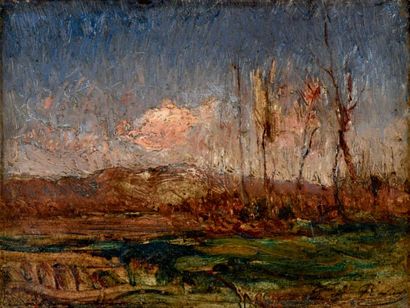 François-Auguste RAVIER (1814-1895) Vers Morestel, nuage rose.
Huile sur papier contrecollé...