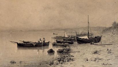 Adolphe APPIAN (1818-1898) Bord de rivière
Fusain, signé en bas à droite
H. 16,5...