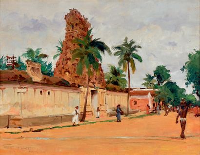 Tancrède BASTET (1858-1942) Pondichery, la rue des Missions, la pagode Chetty
Huile...