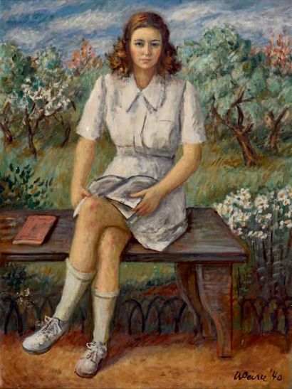 Waldo PEIRCE (1884-1970) Jeune fille assise sur un banc, 1940
Huile sur toile, signée...