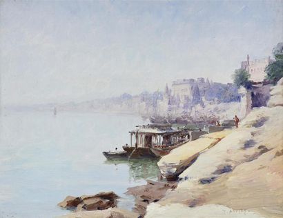 Tancrède BASTET (1858-1942) Au bord du Gange, Bénarès, 1904
Huile sur carton, signée...