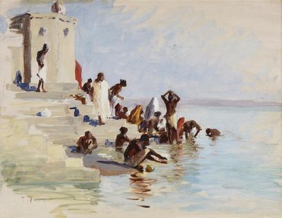 Tancrède BASTET (1858-1942) Pèlerins hindous se purifiant dans les eaux du Gange,...