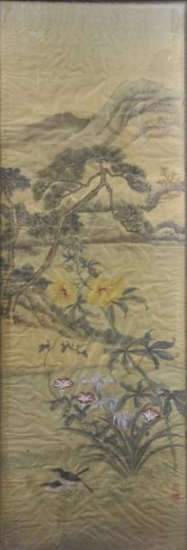 Art d'Asie JAPON - Epoque MEIJI (1868 - 1912) Deux encres sur soie: paysage montagneux,...
