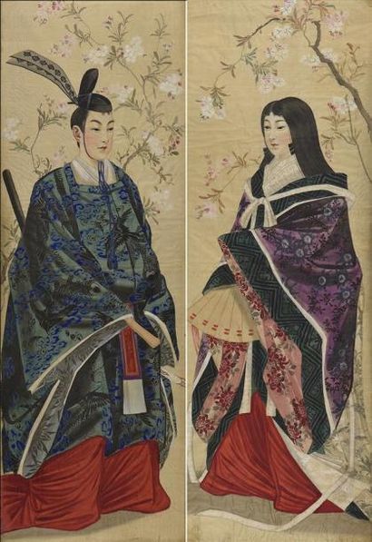 Art d'Asie JAPON - Epoque MEIJI (1868 - 1912) Paire d'encres polychromes sur soie:...