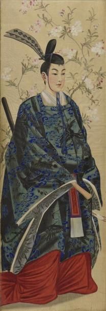 Art d'Asie JAPON - Epoque MEIJI (1868 - 1912) Paire d'encres polychromes sur soie:...