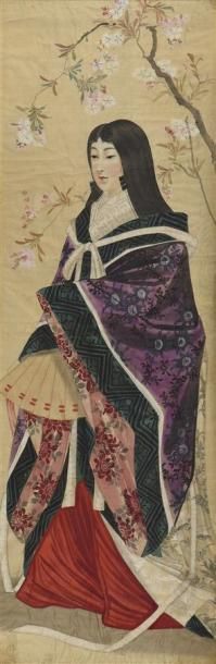 Art d'Asie JAPON - Epoque MEIJI (1868 - 1912) Paire d'encres polychromes sur soie:...
