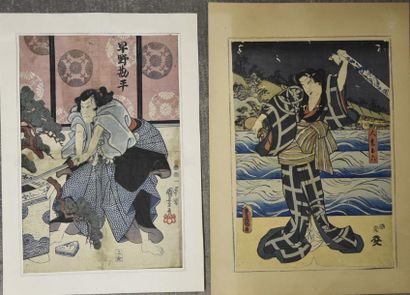 Art d'Asie JAPON - Ensemble de 6 estampes oban tate-e, dont des parties de triptyques...