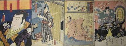 Art d'Asie JAPON - Ensemble de 6 estampes oban tate-e, dont des parties de triptyques...