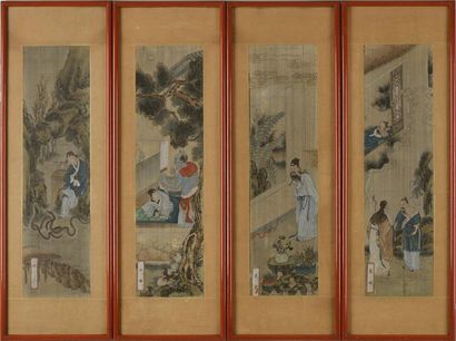 Art d'Asie CHINE - XIXe siècle Quatre encres et couleurs sur soie, représentant des...