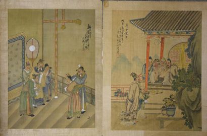 Art d'Asie CHINE - Vers 1900
Trois pages d'albums, encre et couleurs sur soie, lettrés...
