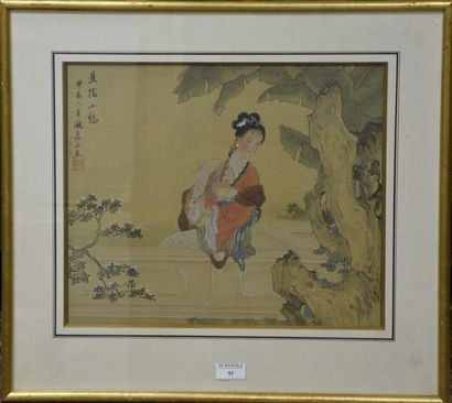 Art d'Asie CHINE, début XXe siècle Jeune femme à l'éventail dans un jardin Encre...