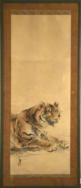 Art d'Asie JAPON - Début du XXe siècle Deux encres et couleurs sur soie, tigre et...