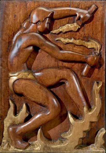 Charles-Alphonse COMBES (1891-1968) La danse du feu
Panneau décoratif en très haut-relief....