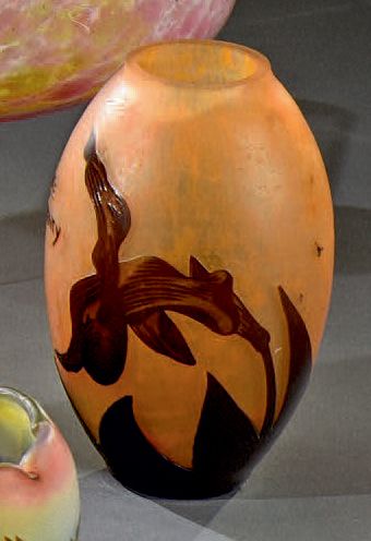André DELATTE (1887-1953) Sabots de Vénus
Vase ovoïde.
Épreuve en verre multicouche...