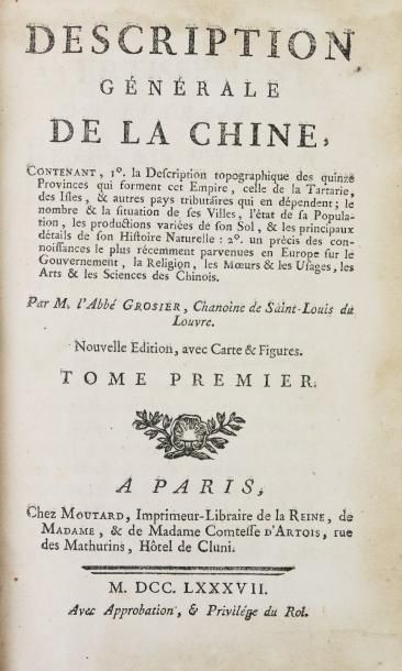 GROSIER (Abbé) DESCRIPTION GÉNÉRALE DE LA CHINE. Paris, Moutard, 1787.
2 volumes...