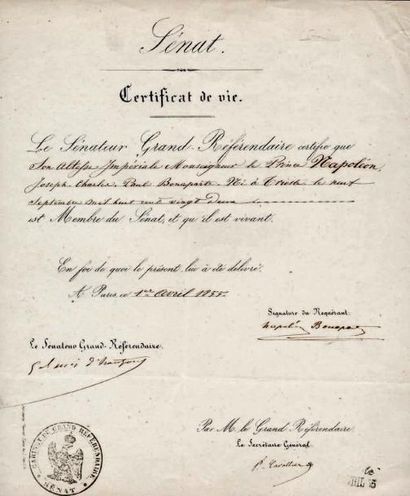 1855 - CERTIFICAT DE VIE DU PRINCE JÉRÔME BONAPARTE délivré par le Sénat le 1er avril...