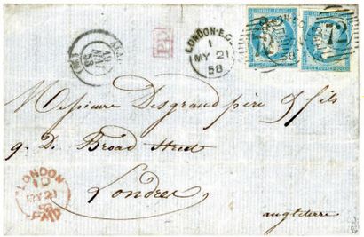 France N°14A (x2) sur lettre pour Londres oblitéré en deuxième annulation par le...