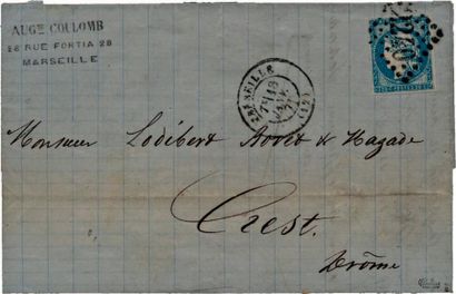 France N°44A 20 ct bleu Type I, Report 1 sur lettre oblitéré gc + c. à d. «Marseille...