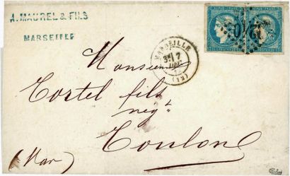 France N°44B (x2) 20 ct bleu Type I, Report 2 sur lettre oblitéré gc + c. à d. «Marseille...