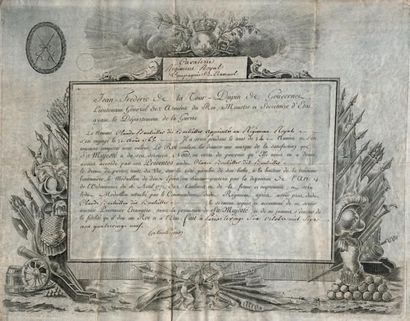 1789 - DIPLÔME POUR LE MÉDAILLON DES DEUX ÉPÉES Très beau diplôme militaire sur un...