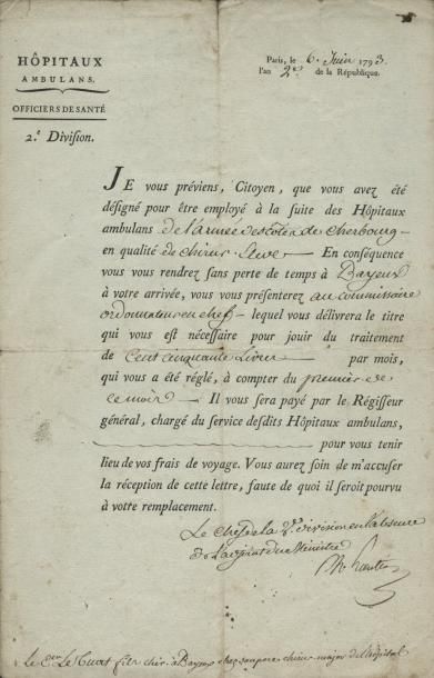 1793 - NOMINATION D'UN ÉLÈVE CHIRURGIEN dans les hôpitaux ambulants de l'armée des...