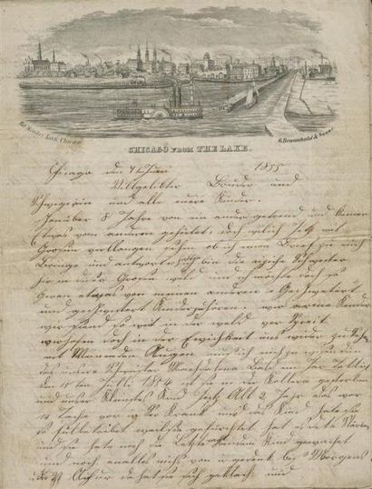 1855 - LETTRE ILLUSTRÉE DE CHICAGO représentant la Ville et le bord du Lac Michigan...