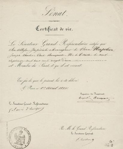 1855 - CERTIFICAT DE VIE DU PRINCE JÉRÔME BONAPARTE délivré par le Sénat le 1er avril...