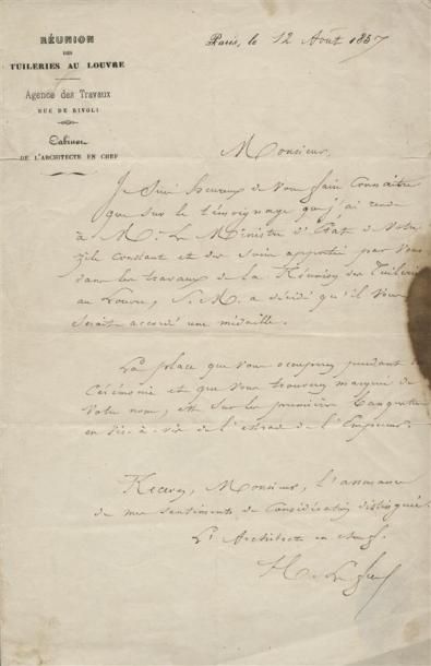 1857 - PROJET DE RÉUNION DES PALAIS DU LOUVRE ET DES TUILERIES Lettre avec en-tête...