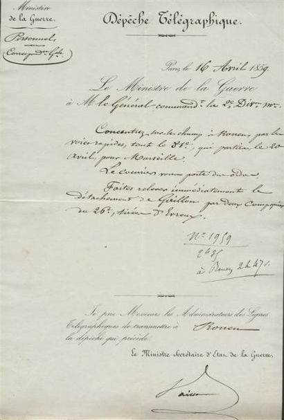 1859 - CAMPAGNE D'ITALIE Cinq dépêches télégraphiques datées de Paris entre le 16...