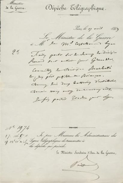 1859 - CAMPAGNE D'ITALIE Cinq dépêches télégraphiques datées de Paris entre le 16...