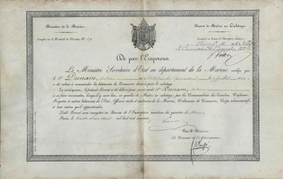 1860 - BREVET DE MAÎTRE DE CABOTAGE DE LA MARINE IMPÉRIALE sur vélin (39,5 x 25 cm)...