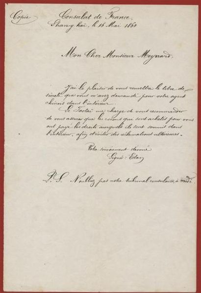 1860/1865 - ACHAT DE VERS À SOIE EN CHINE Dossier important entre le Consulat de...