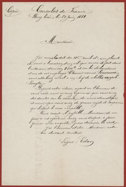 1860/1865 - ACHAT DE VERS À SOIE EN CHINE Dossier important entre le Consulat de...