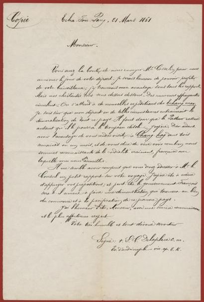 1860/1865 - ACHAT DE VERS À SOIE EN CHINE Dossier important entre le Consulat de...