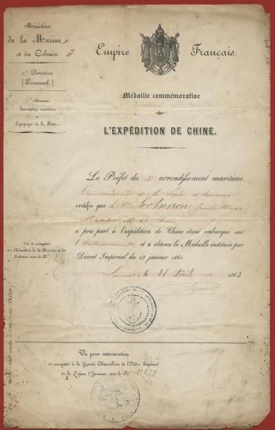 1863 - DIPLÔME DE LA MÉDAILLE DE L'EXPÉDITION DE CHINE délivré à un matelot ayant...