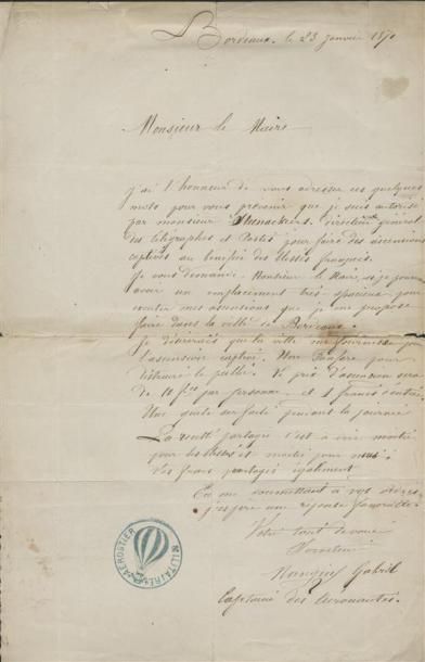 1871 - ASCENSION EN BALLON CAPTIF PAR L'AÉROSTIER MANGIN Lettre manuscrite (consolidée)...