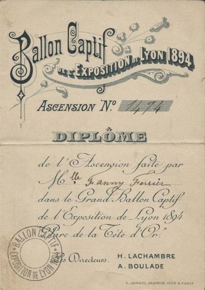 1894 - DIPLÔME D'ASCENSION EN BALLON CAPTIF DE L'EXPOSITION DE LYON DE 1894