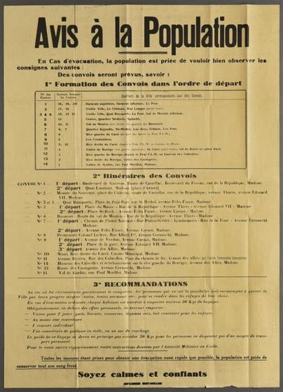 1940 - AFFICHE POUR L'ÉVACUATION DE MENTON EN JUIN 1940 
(62 x 85 cm) sur papier...