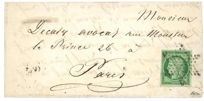 France N°2 15 ct vert sur lettre locale oblitéré étoile signé
Calves.
Cote 1850....