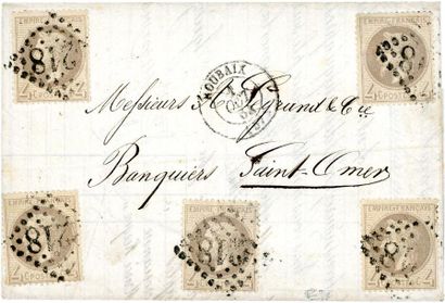 France N°27A (x5) sur lettre oblitéré gc + c. à d. «Roubaix 1/10/64». Rare composition...