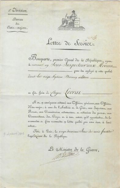Alexandre BERTHIER, maréchal d'Empire Pièce signée. 1 p. grand in-folio. Paris, 22...