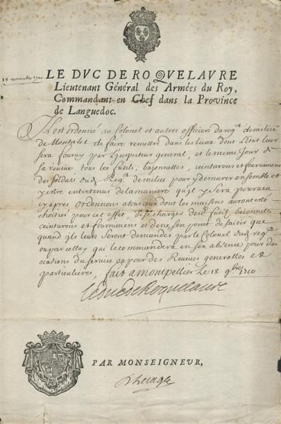 1710 - DUC DE ROQUELAURE Lettre avec vignette royale + en-tête imprimé «LE DUC DE...