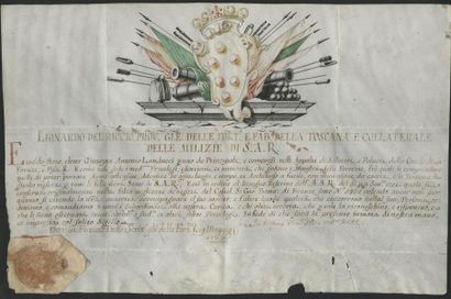 1736 
Autorisation à commercer de la poudre à canon en Toscane.
Diplôme sur vélin...