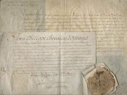 1740 Brevet d'enseigne de galère sur vélin (33 x 24,5 cm) délivré à Mr De Serignan...