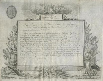 1789 - DIPLÔME POUR LE MÉDAILLON DES DEUX ÉPÉES Très beau diplôme militaire sur un...