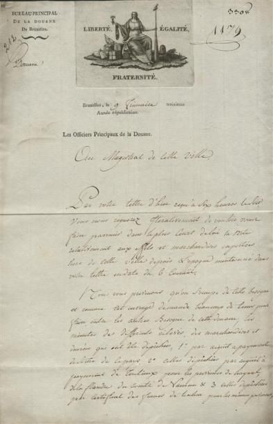 1794 - DOUANES DE BRUXELLES Lettre avec une très belle Vignette gravée par Maillart...