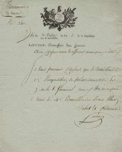 1795 - SAUVEUR COMMISSAIRE DE GUERRE à Vitré durant la Chouannerie
Lettre d'une page...