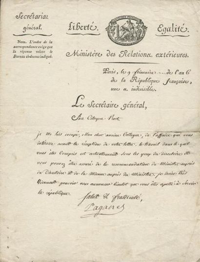 1797 - MINISTÈRE DES RELATIONS EXTÉRIEURES Lettre datée de Paris le 9 Frimaire An...
